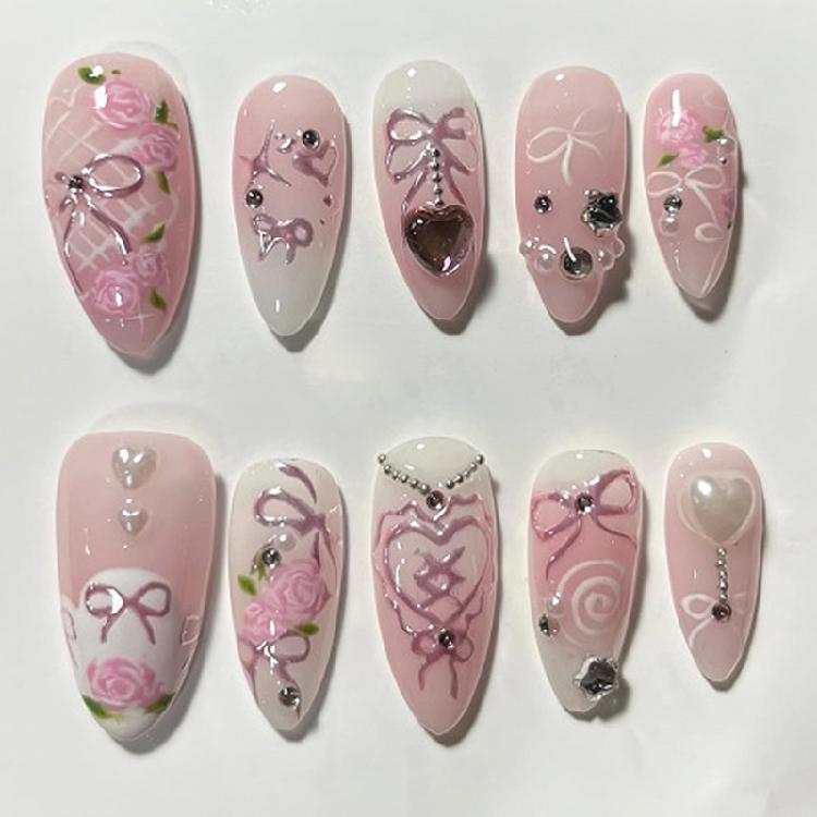 24Pcs Almond Fake Nail Press On Nail Artificial Acrylic Nail Glues On Nail Bows Heart Designs French Tips False Nail