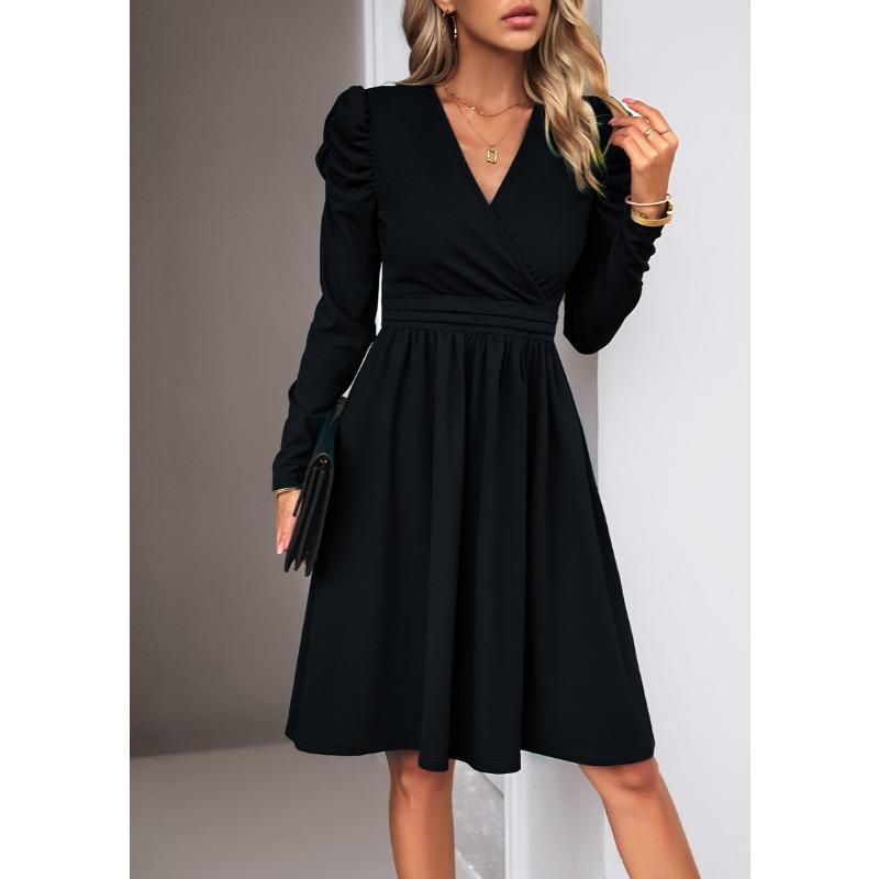 Women's Elegant Sold Color V-neck Long Sleeve Dress