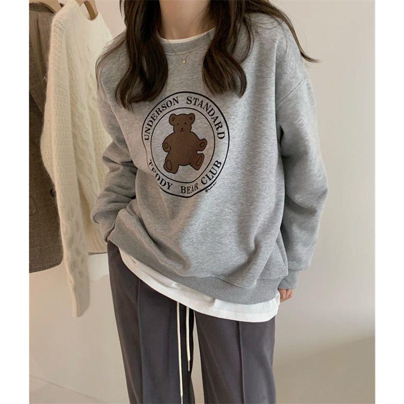 Fleece and thickened bear crew neck sweater women's 2025 new American retro loose pullover casual tide