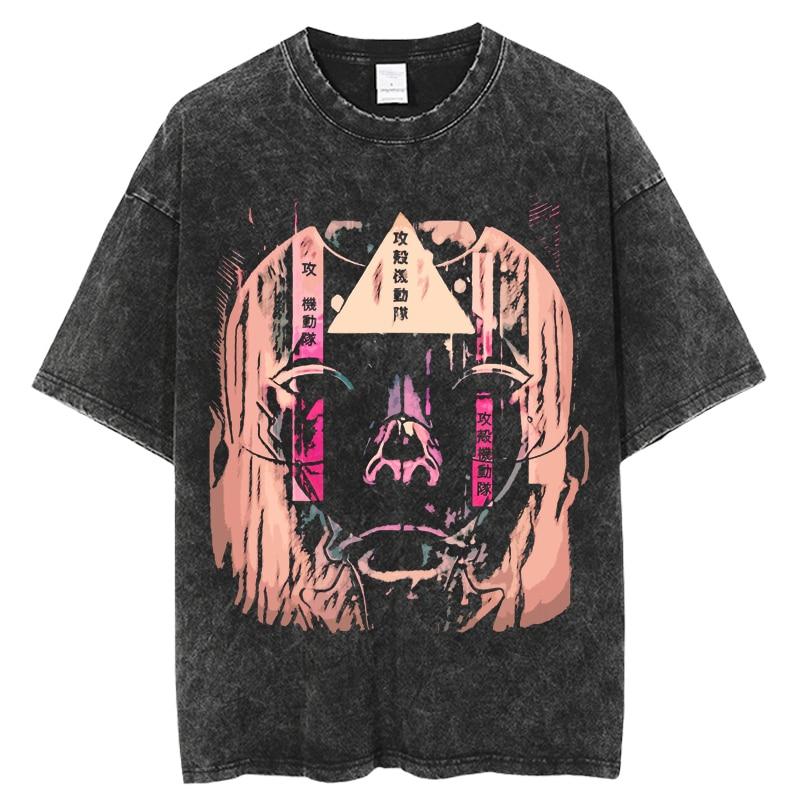 Modisches Ghost in the Shell Anime-T-Shirt mit verwaschenem O-Ausschnitt und kurzen Ärmeln für Damen, Schwarz, übergroß, lässig, Hip-Hop-Top