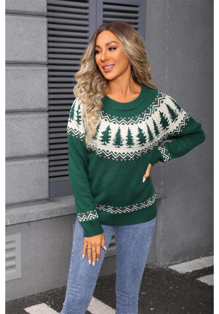 Women's Green Jacquard Christmas Tree Sweater - Round Neck Pullover for Autumn and Winter
