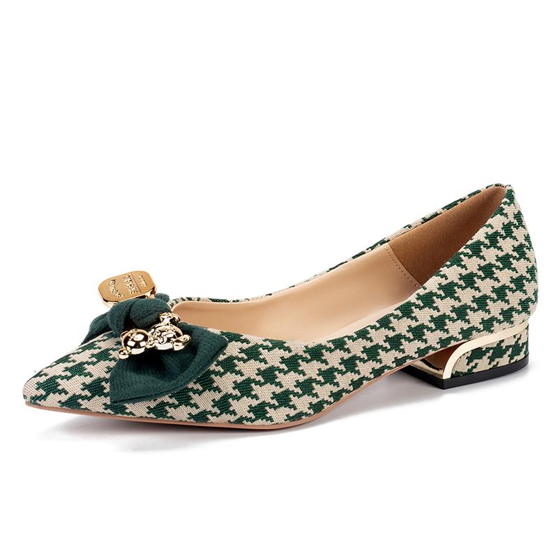 Fashion 2025 New Pointed Toe Slip on Pumps Women's Low Heel Shoes with Bow Tie Shallow Metal Decoration & Versatile Plus Size Shoes