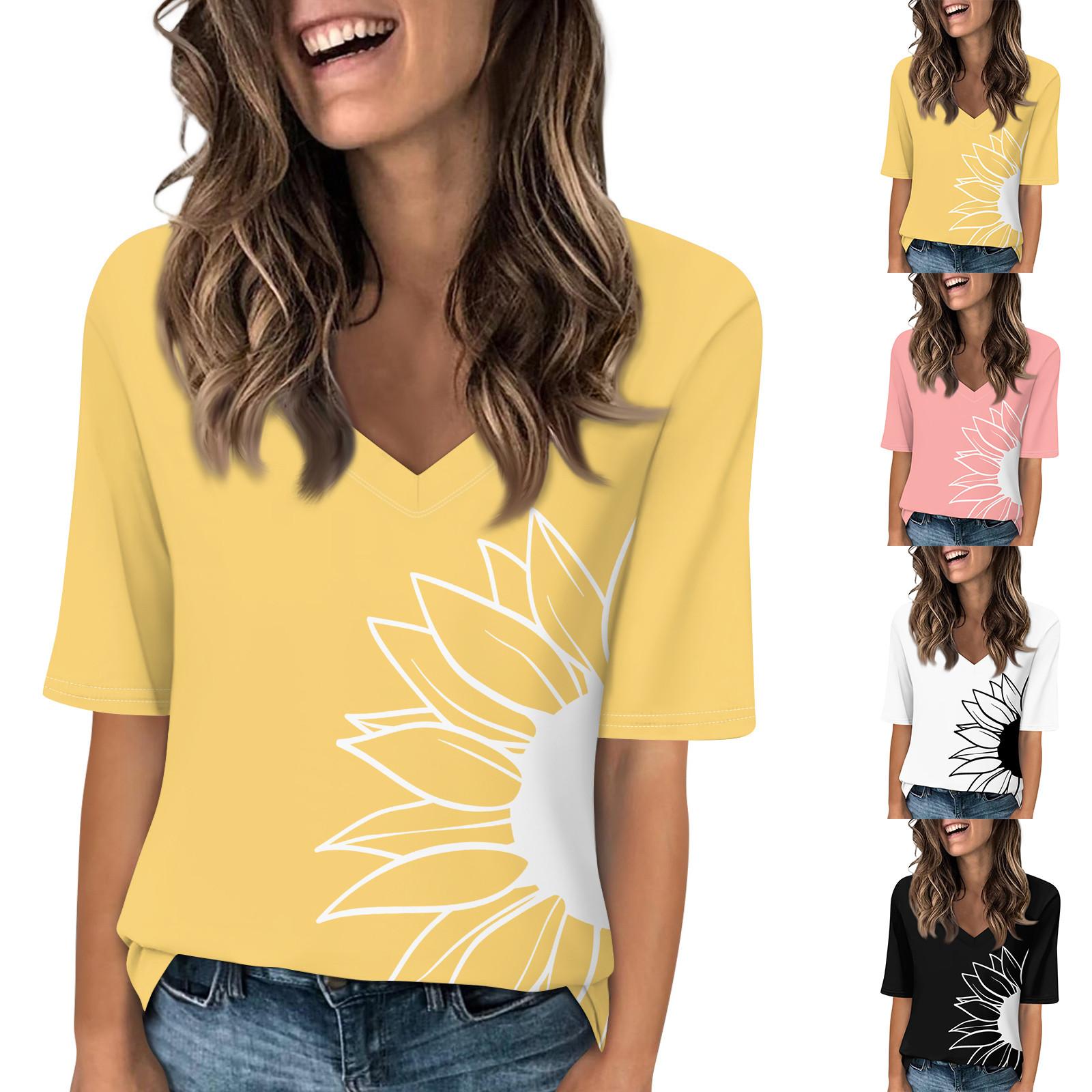 

Женские футболки с V-образным вырезом, топы с половиной рукавов, повседневные летние футболки с принтом, футболка, блузка