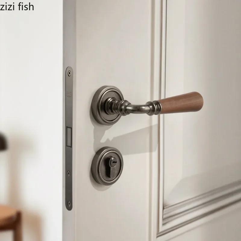 Zinc Alloy Door Lock Walnut Wood Handle Room Magnetic Lock Indoor Silent Lock Secure Split Locks Door Hardware Accessories