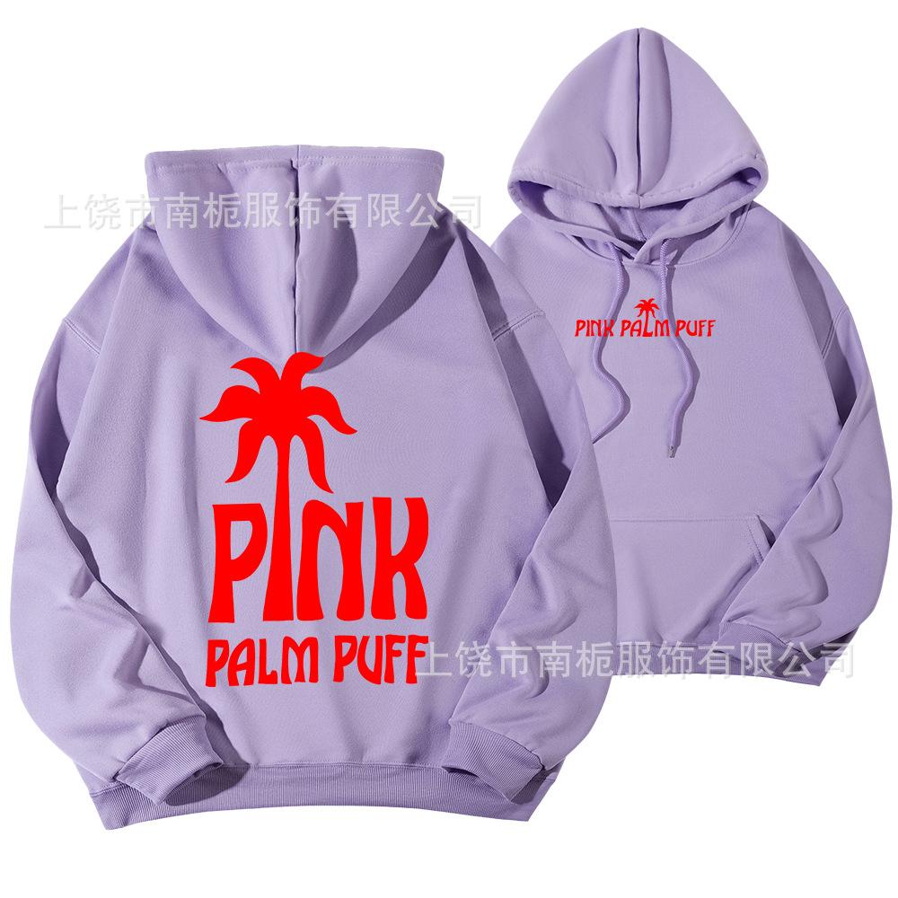 Women's Hooded Long Sleeve Drop Shoulder Pullover Sweatshirt Palm Tree "PINK PALM PUFF" Back Letter Print Casual Hoodie