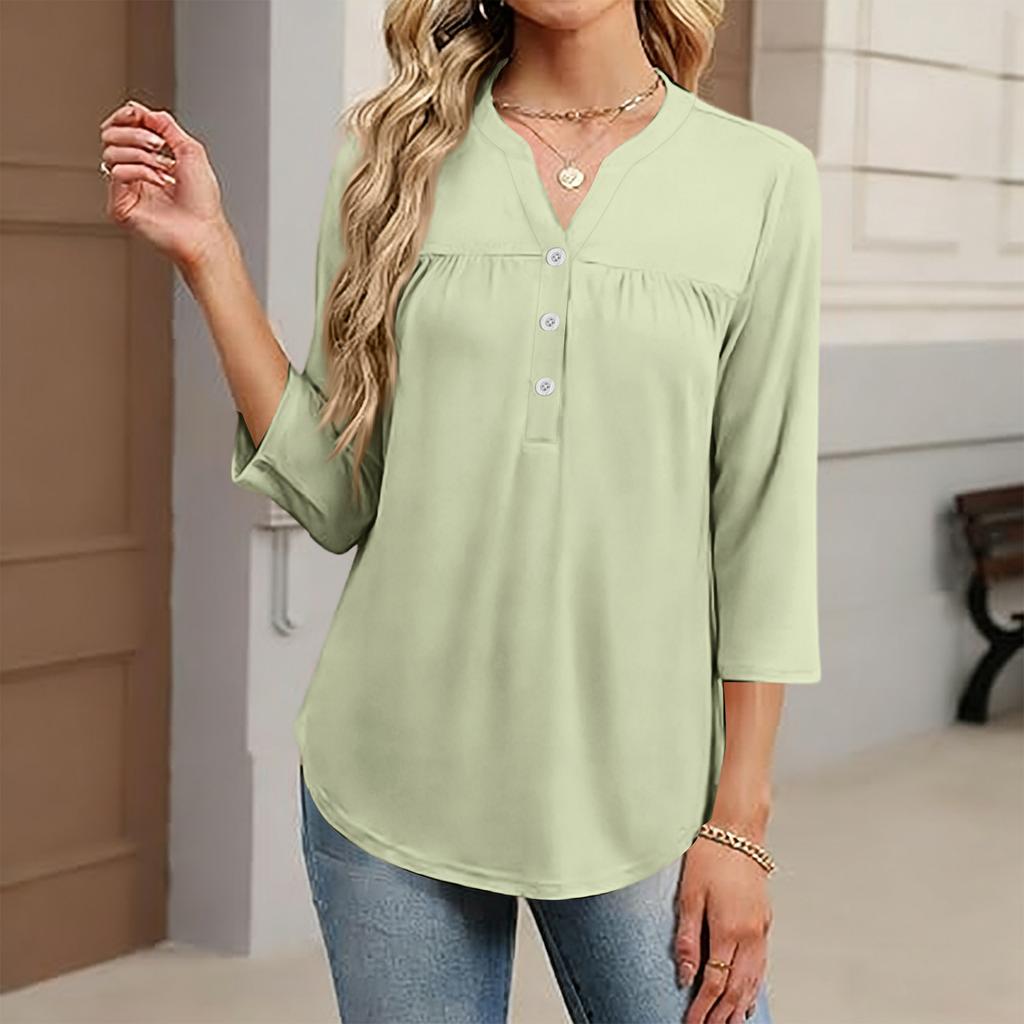 Women's Fashionable Casual Color V-Neck Decorative Button Three-Quarter Sleeve T-Shirt Top