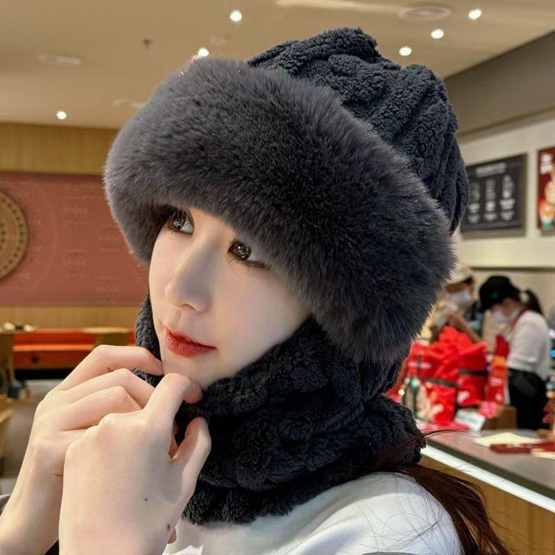 Plush hat women's new winter plush thickened warm bag head hat neck scarf hat integrated