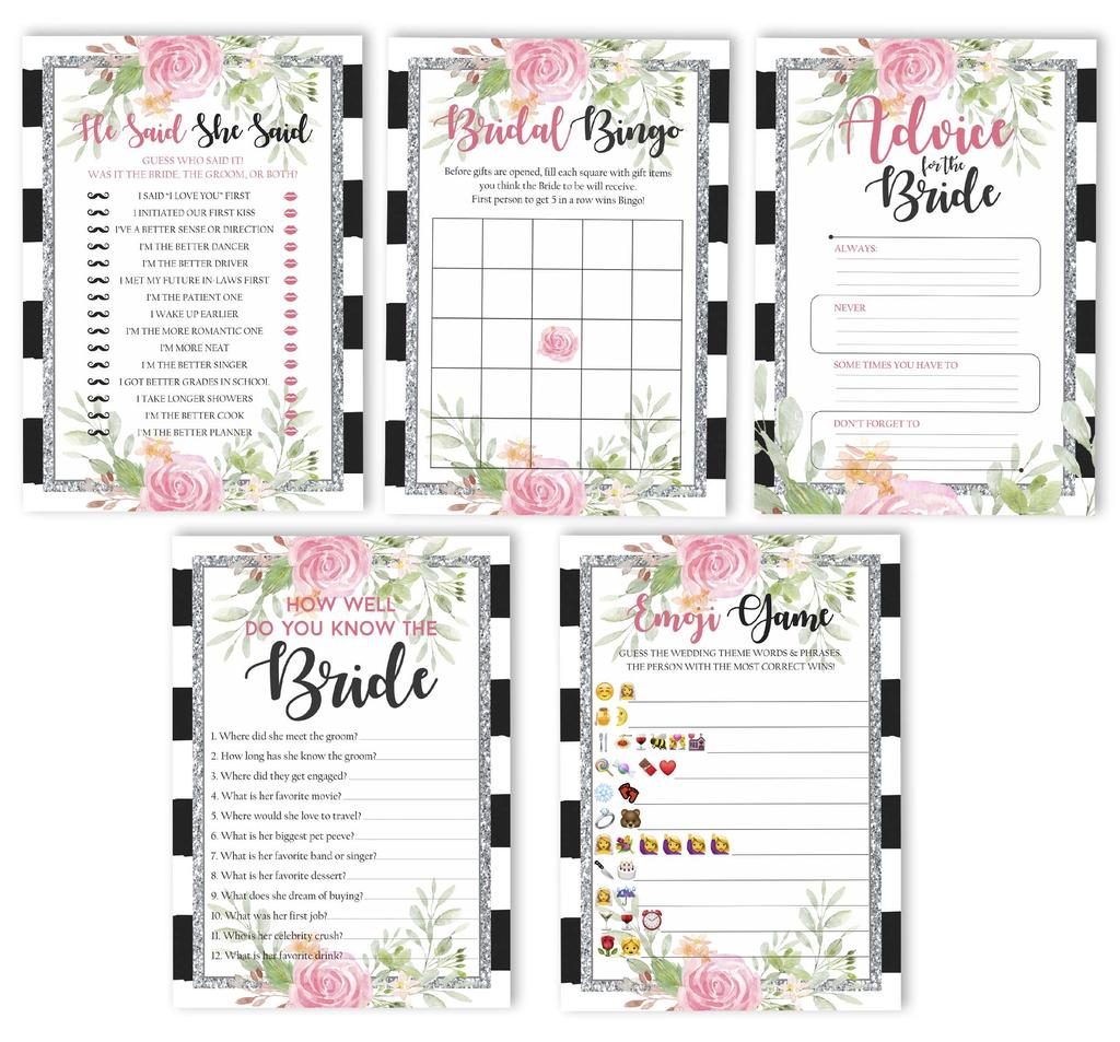 Inkdotpot Bridal Shower Games Set of 5 (Activities for 50 Guests) Floral Theme Fun Bachelorette Party Games Set Bundle