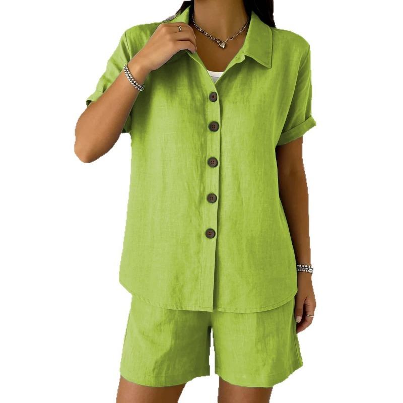Set Casual con Camicia a Maniche Corte con Bottoni e Pantaloncini per Donna