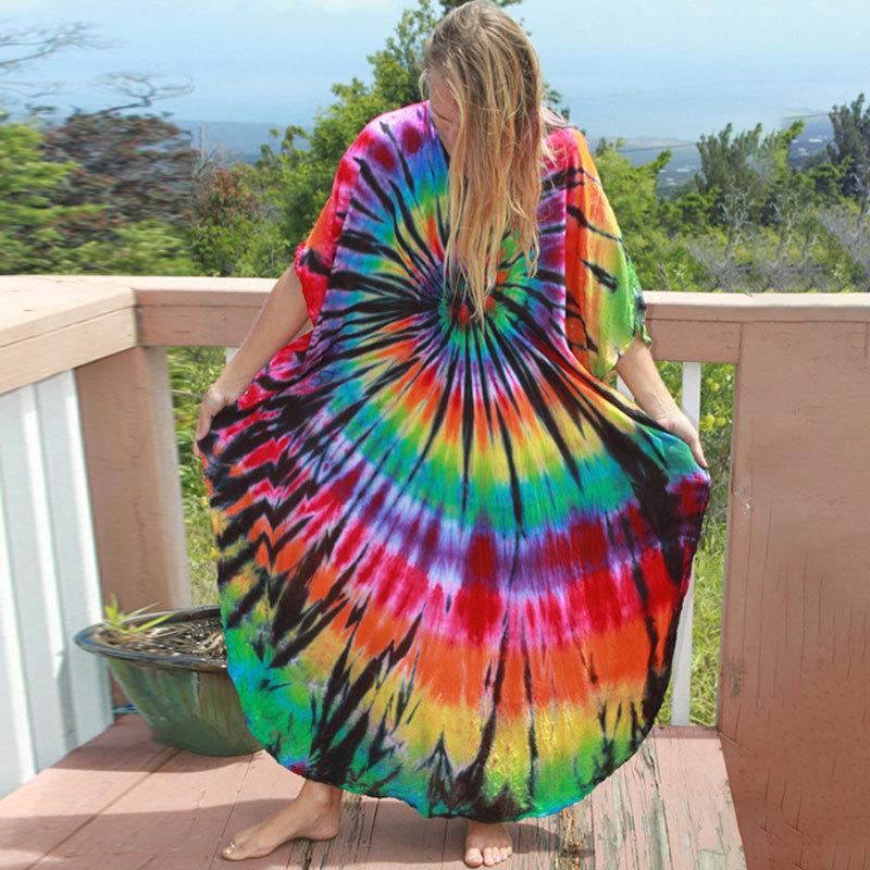 European & American Tie-dye Rayon Beach Dress: Loose, Long Seaside Vacation Robe & Bikini Cover-up with Sunscreen Shirt for Women