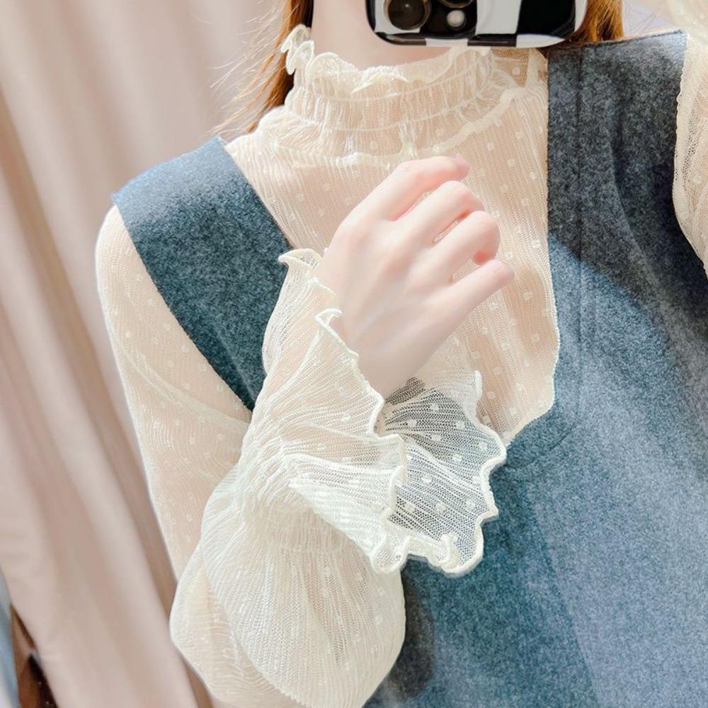Women T-Shirt See Through Transparent Mesh Tops Long Sleeve Sheer Slim Ladies Turtleneck Silk Ruffled Edge T Shirt Lace Crop Top