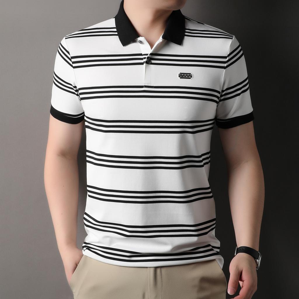 Striped Polo Shirt Men'S Short-Sleeved Lapel Neck Loose Pullover High-End Breathable Non-Ironing Bottoming Shirt