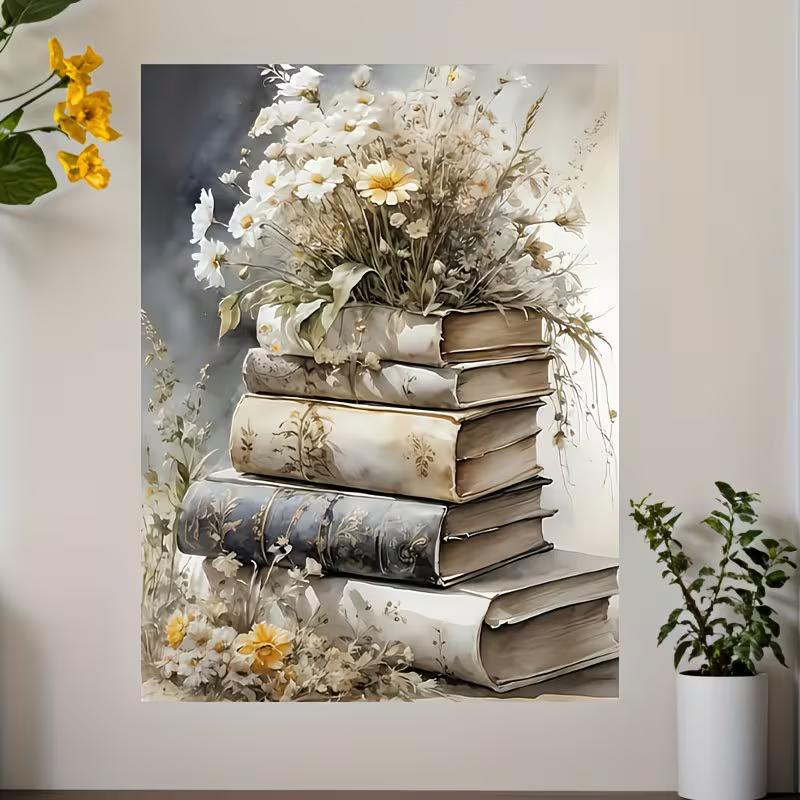 1pc Inspirational Canvas Wall Art - Book & Flower Design, Vintage Aged Books with Dried Flowers, Perfect for Living Room, Bedroom, or Office Decor