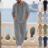 Men's Linen Hooded Henley Shirt and Pants Set Casual Loose Fit Long Sleeve 2 Piece Outfit