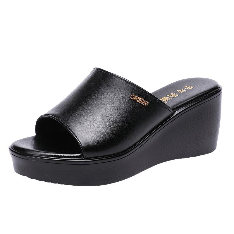 6cm Small Big Size 32-43 Comfortable Thick Bottom Platform Wedges Slippers 2025 Summer Med Heels Soft Leather Slides Office Mom