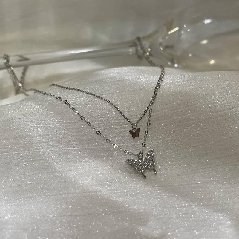 New flash diamond double-layer butterfly pendant collarbone chain women s niche versatile necklace fashion design sense collarbone chain