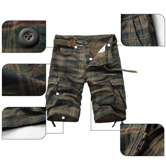 Pantaloncini da uomo a quadri vita media lunghezza al ginocchio multi tasche cerniera bottone