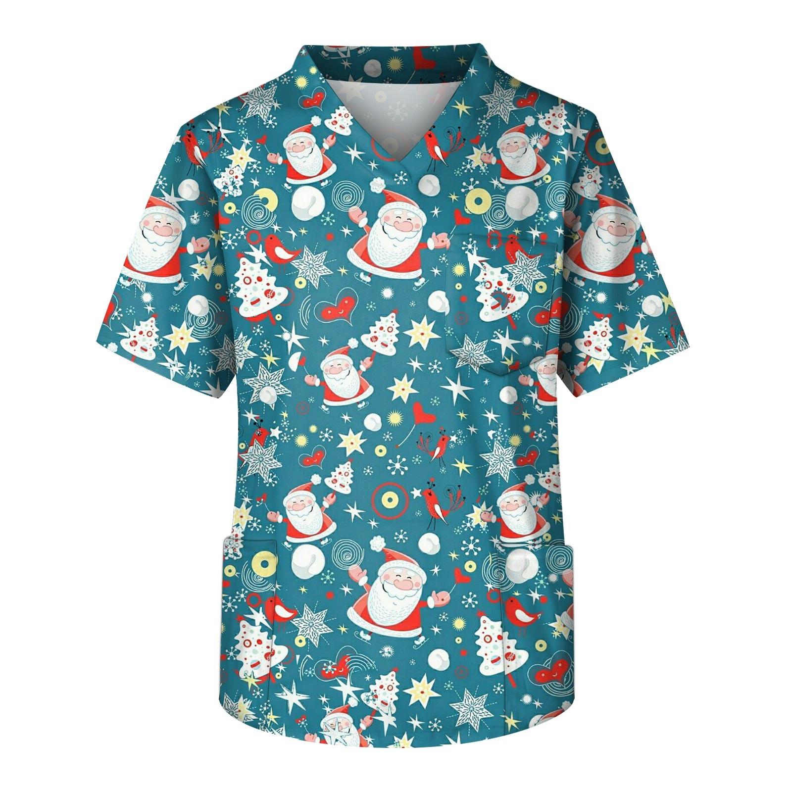 Мужской топ с короткими рукавами и V-образным вырезом с рождественским принтом и нагрудным карманом XXXL синий 1575₽