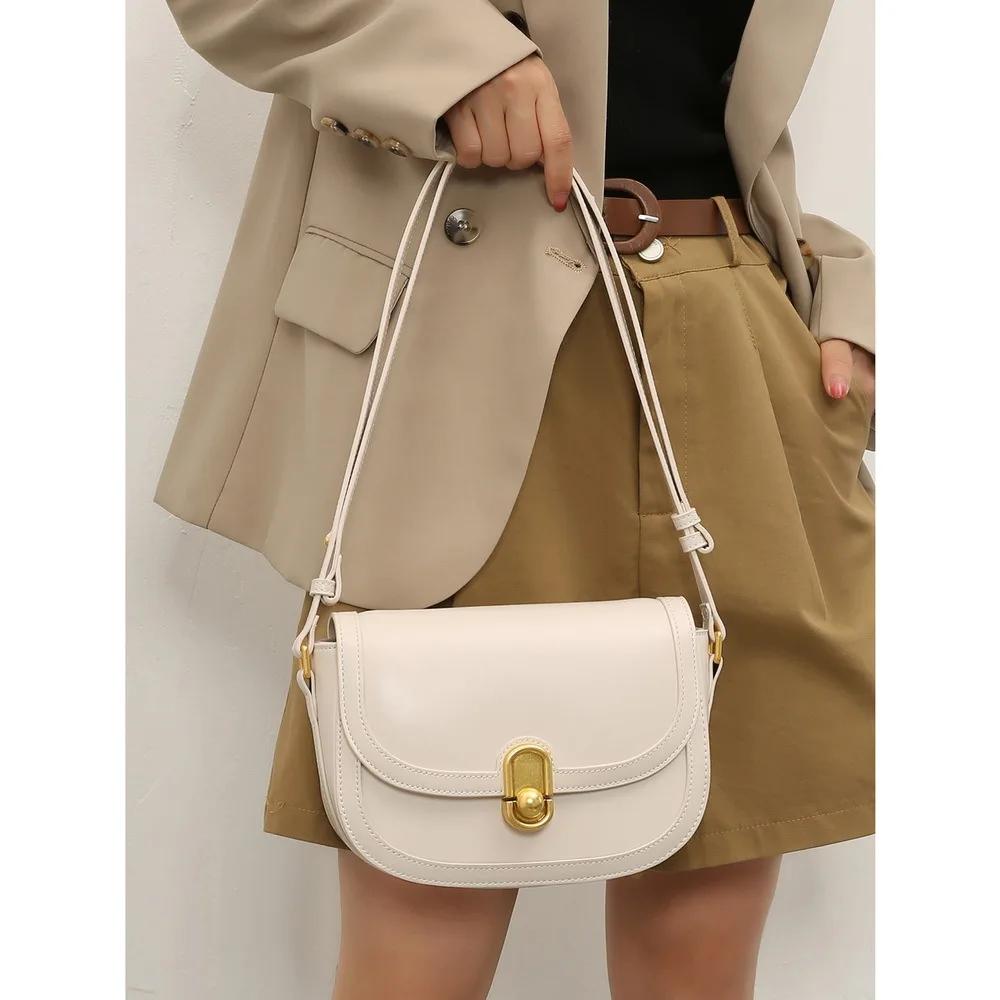 Vintage taška na sedlo z měkké kůže Dámská kovová přezka Univerzální taška do podpaží Neformální dámská kabelka Crossbody