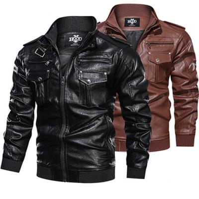 Skórzana kurtka Bomber Mężczyźni Moda Płaszcz Stojak Kołnierz Kieszenie na zamek Kurtki Slim Fit Kurtki Płaszcze