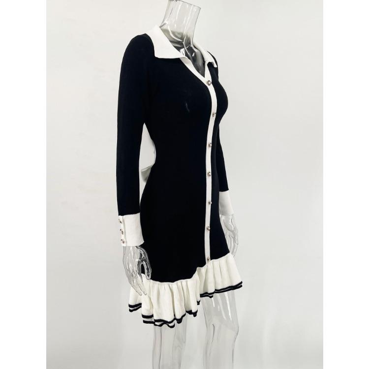 KOSY Ruffled Bow Knit Mini Dress Women's Backless Contrast Cardigan Lace-Up Elegant Dress Female Knitwear Bandage Dress