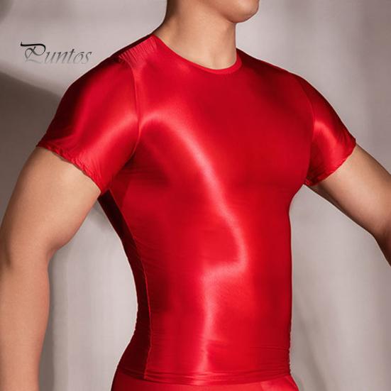 Men T-shirt Thin High Elasticity Round Neck Short Sleeves Slim Fit Good Breathability See-through Glossy Surface Top