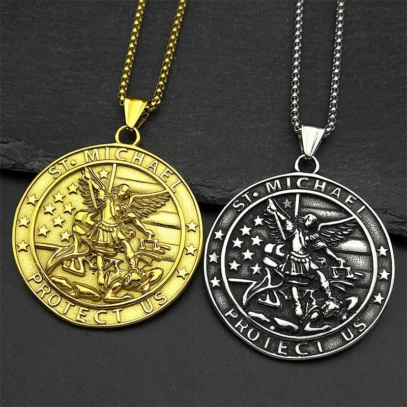 Archangel St.Michael Protect Us Pendant Necklace for Women Men Stainless Steel Christian Saint Michael Medal Chain Jewelry Gift