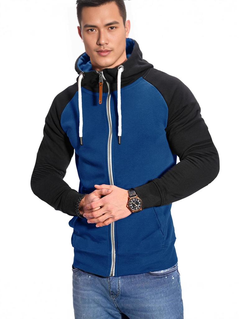 Men's European Size Color Block Raglan Sleeve Hooded Cardigan Sweatshirt