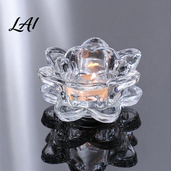 Grooved Candle Holder Crystal Lotus Flower Tealight Holders Glass Tea Light Candlestick Decor Wax Catching with Deep Plate Multifunctional