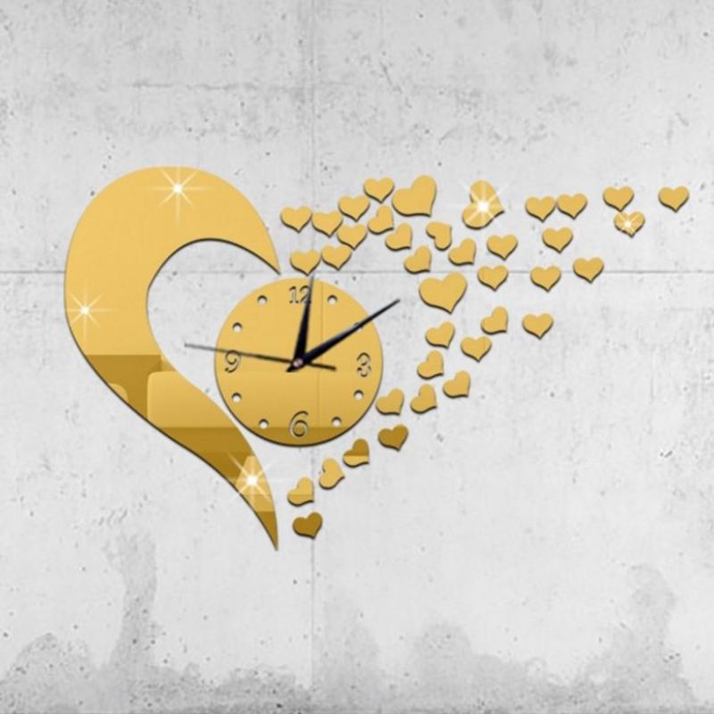 

DIY heart-shaped wall clock with mirror acrylic heart-shaped frameless wall clock for living room and bedroom decoration (Gold,21.6 inch) золотой