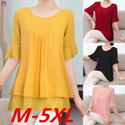 Plus Size Lady Fashion Women Top Chiffon Solid Short Sleeve Casual Shirt Blouse