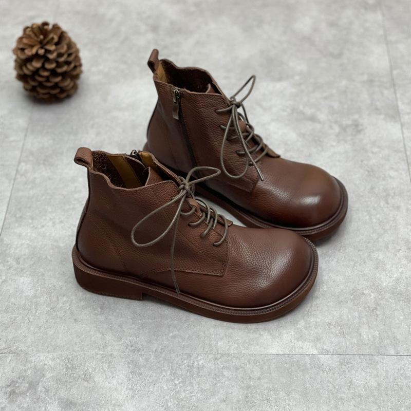 Johnature stivali invernali in vera pelle scarpe da donna punta tonda con cerniera piatta con stivaletti da donna alla caviglia da cucito fatti a mano per il tempo libero 35 caffè