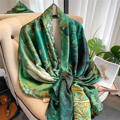 Luxury Green Silk Scarf 90*180Cm Women Soft Smooth Scarves Head Wrap Hijab Outdoors Muffler Long Shawl Beach Towel