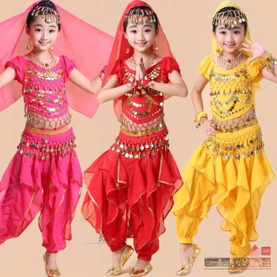 Çocuk Dans Kostümleri, Hint Dansı Performans Kostümleri, Kız Çocukları Göbek Dansı, Çocuk Etnik Performans Kostümleri Dört Parça Takım