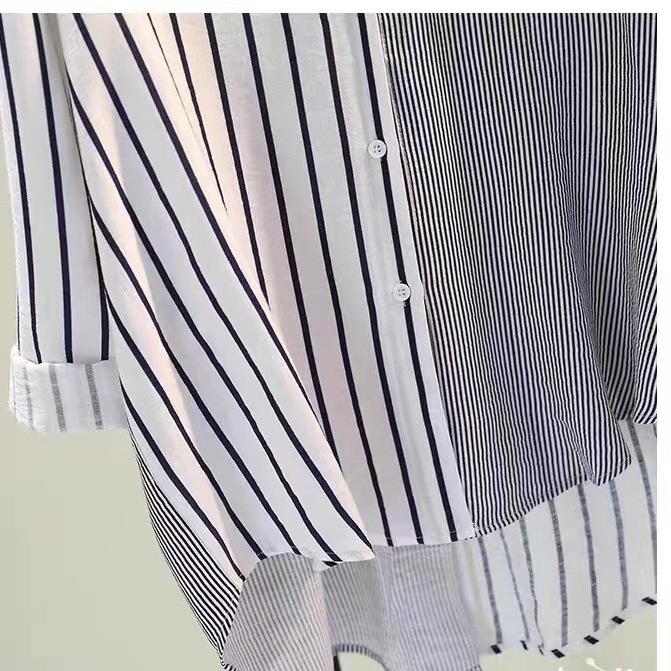 Spring Single-pocket Color Matching Vertical Striped Shirt Women's Loose Casual Shirt Top Trend