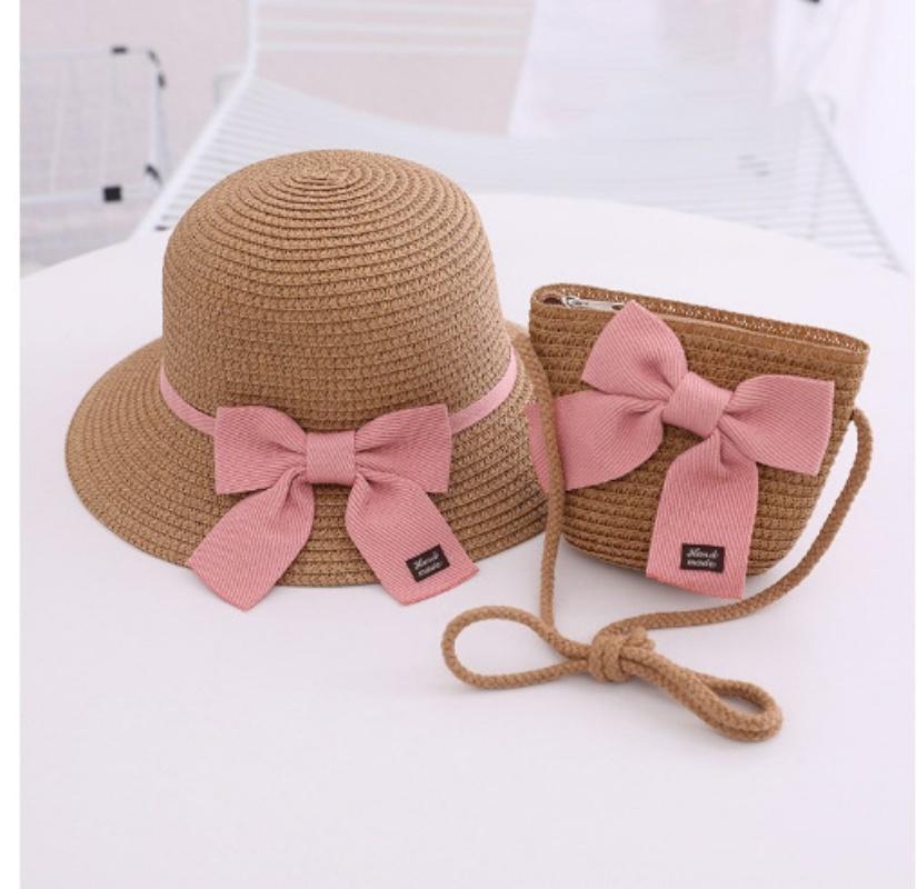 New Summer Baby Girls Straw Hat And Shoulder Bag 2pcs Set Parent-child Wide Brim Lace Holiday Beach Sun Hats Outdoor Bucket Cap