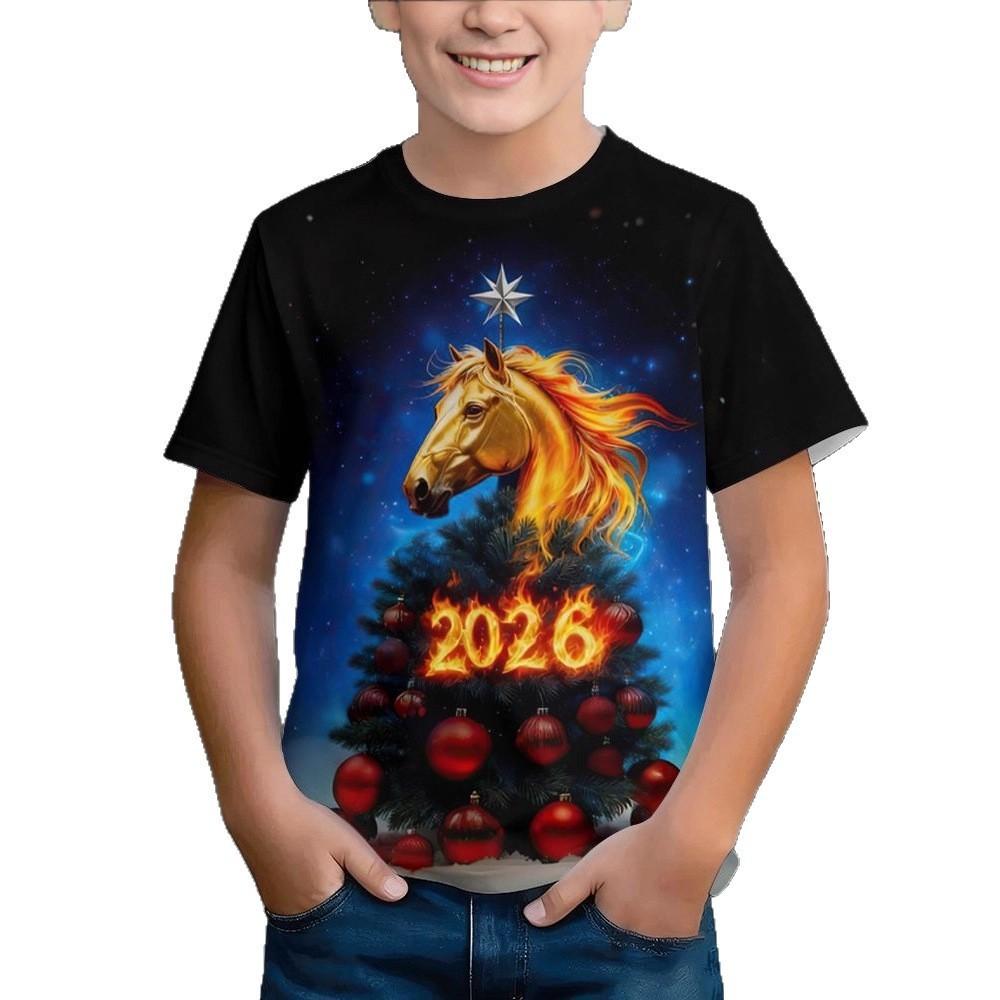 Children's T-shirt 3d Horse Year Printed Round Neck Short Sleeve Upper