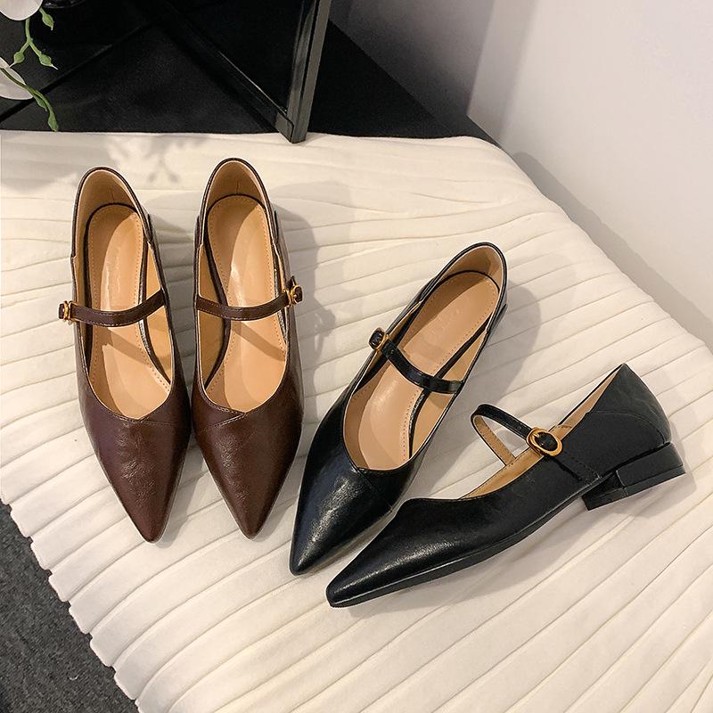 

2025 Spring Retro Low-Heel One-Strap Pointed-Toe Mary Jane Flats 36 коричневый