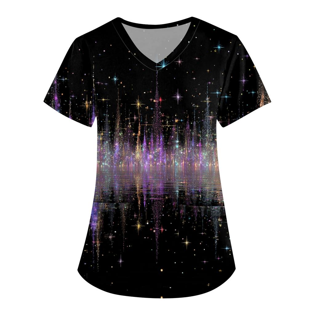 Women's Printing Uniform Work Uniform V-neck Pockets Basic Short Sleeve Pullover Top