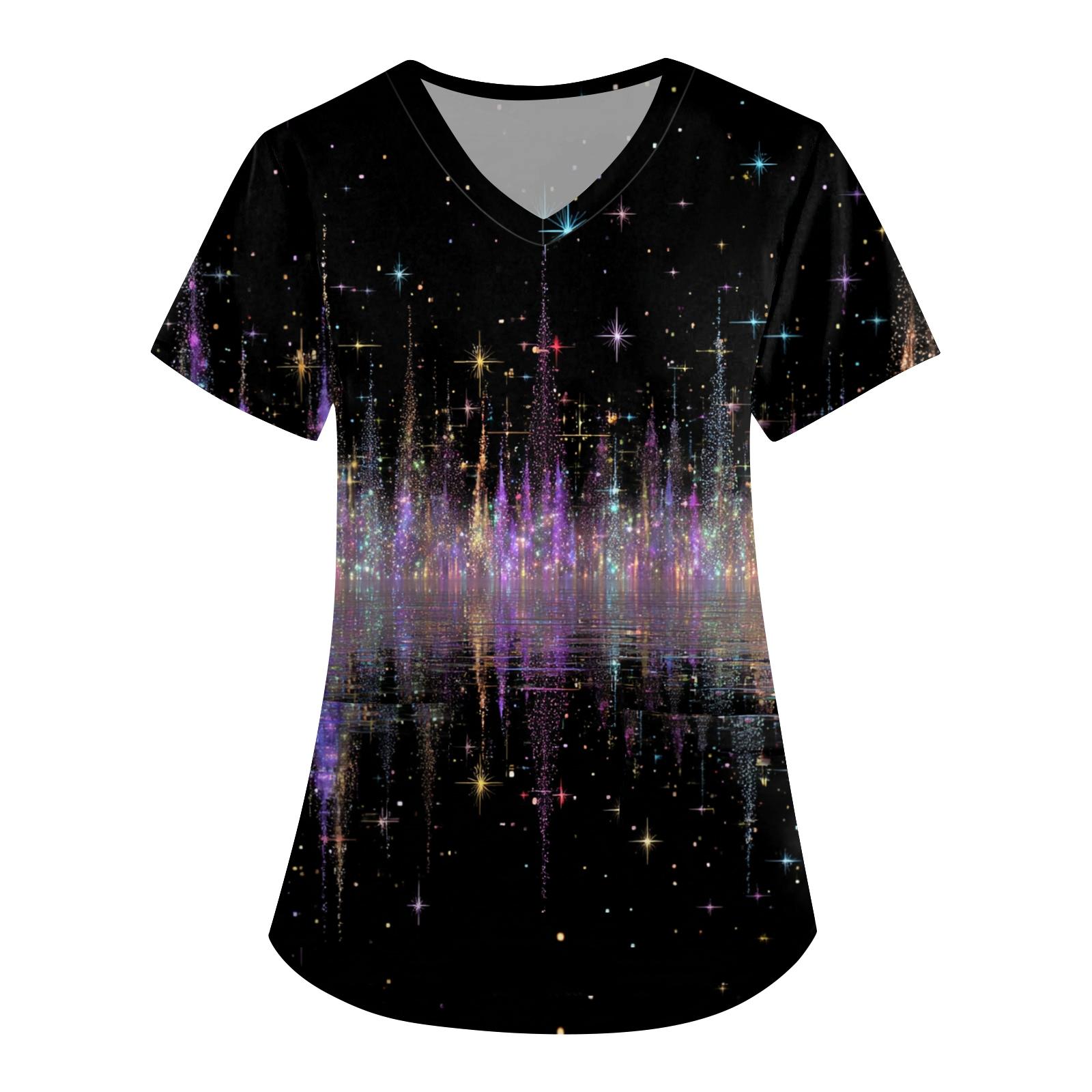 

Женская рабочая униформа с принтом, V-образный вырез, карманы, базовый короткий рукав, пуловер, топ XXXXXL фиолетовый