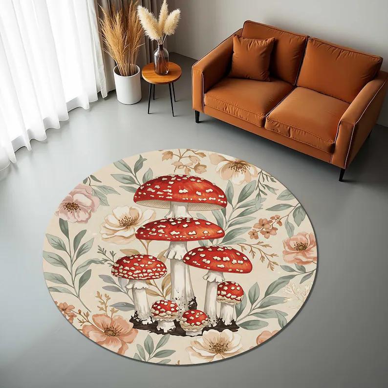 Magical Mushroom Circle Carpet Whimsical Forest Themed Round Rug for Kids Room Nursery Living Room Play Reading Area Floor Mat 100cm