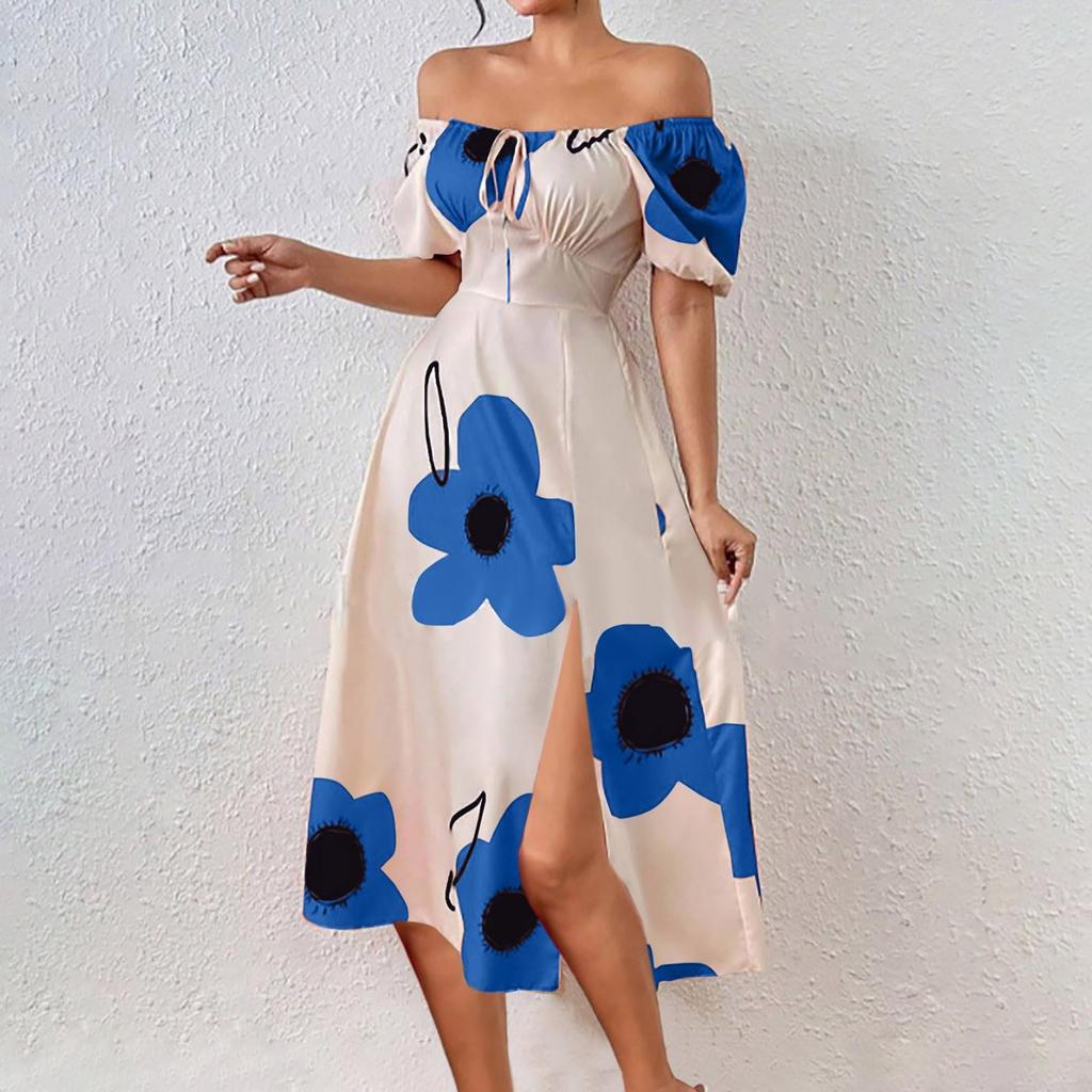 Ladies' Summer Floral Print Off Shoulder Bohemian Style Dress