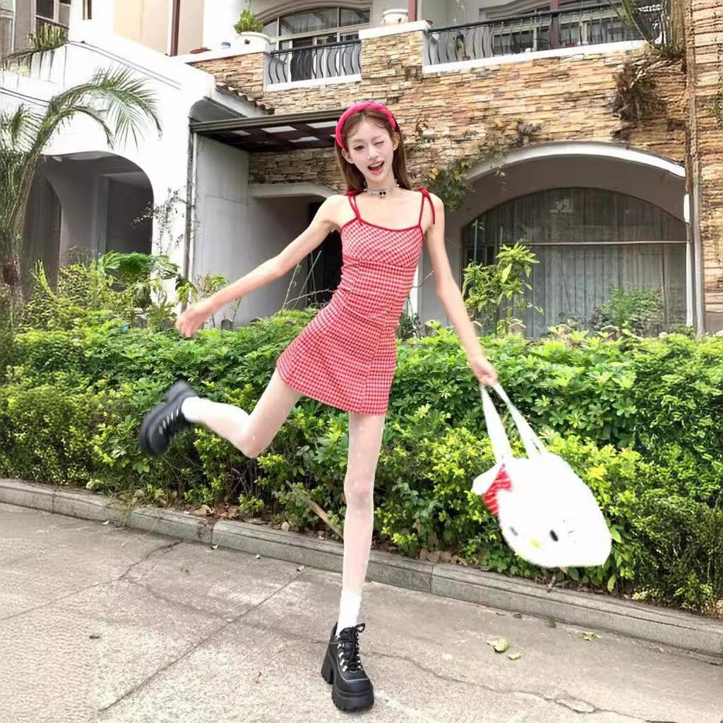 Women's Red Plaid Backless A-Line Dress: Summer Suspender Style, Mid-Length & Slim Fit