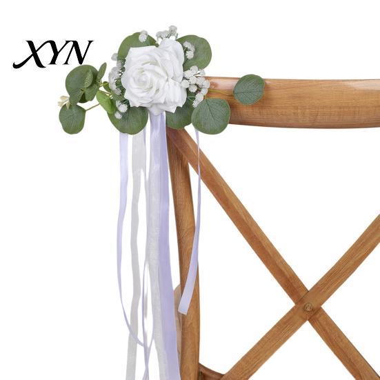 Fleurs Élégantes pour Poignée de Voiture Fleur de Porte de Mariage avec Lien Ruban et Feuilles Vertes, Kit Artificiel Blanc Abordable Rose Bouquet Rétroviseur