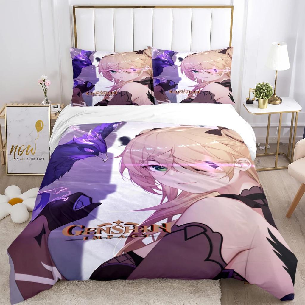 Genshin Impact Print Three Piece Bedding Set Fashion Article Children or Adults for Beds Quilt Covers Pillowcases Bedding Set