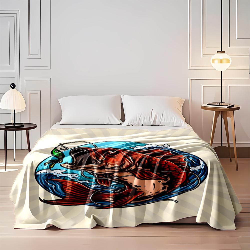Fishing Hook and Red Fish Illustration Flannel blanket for bedroom, living room, sofa, and nap sofas