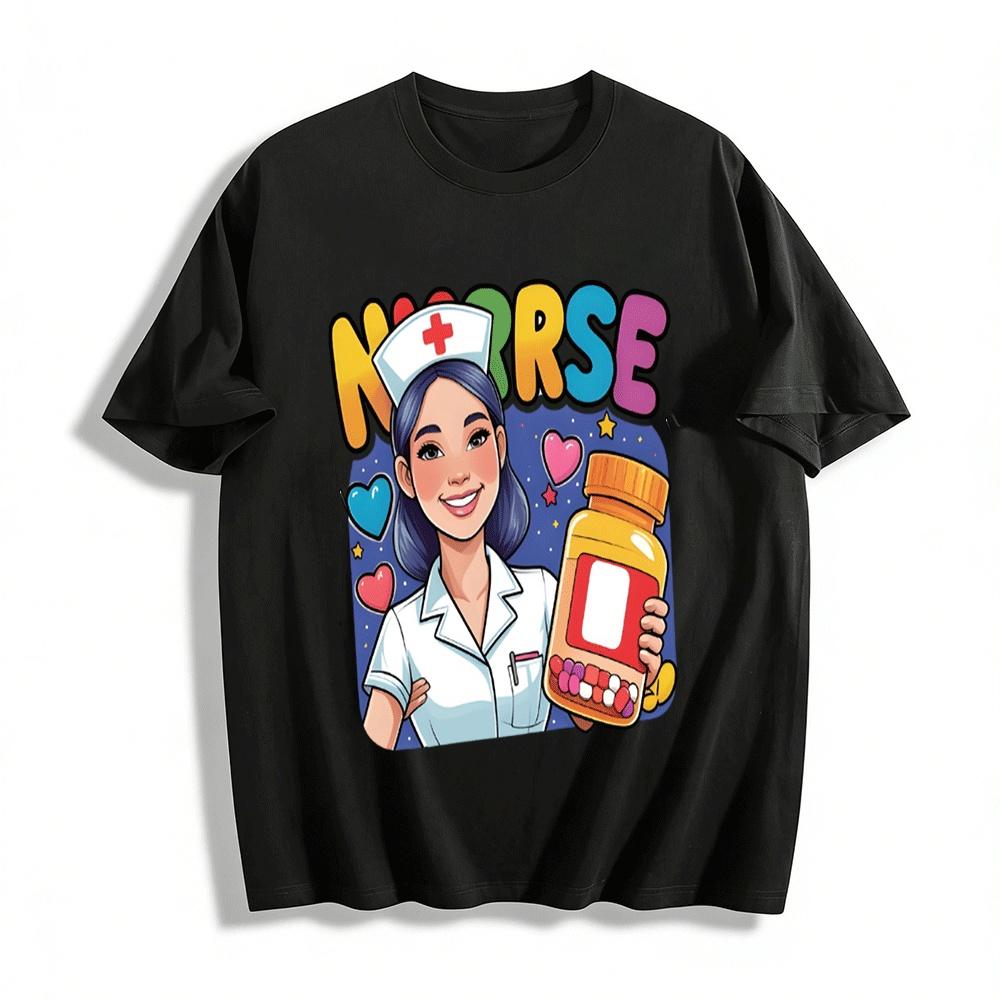 Playful Nurse Themed Print Tee Love Pill Pattern Top for Medics Pure cotton T-shirt XXS
