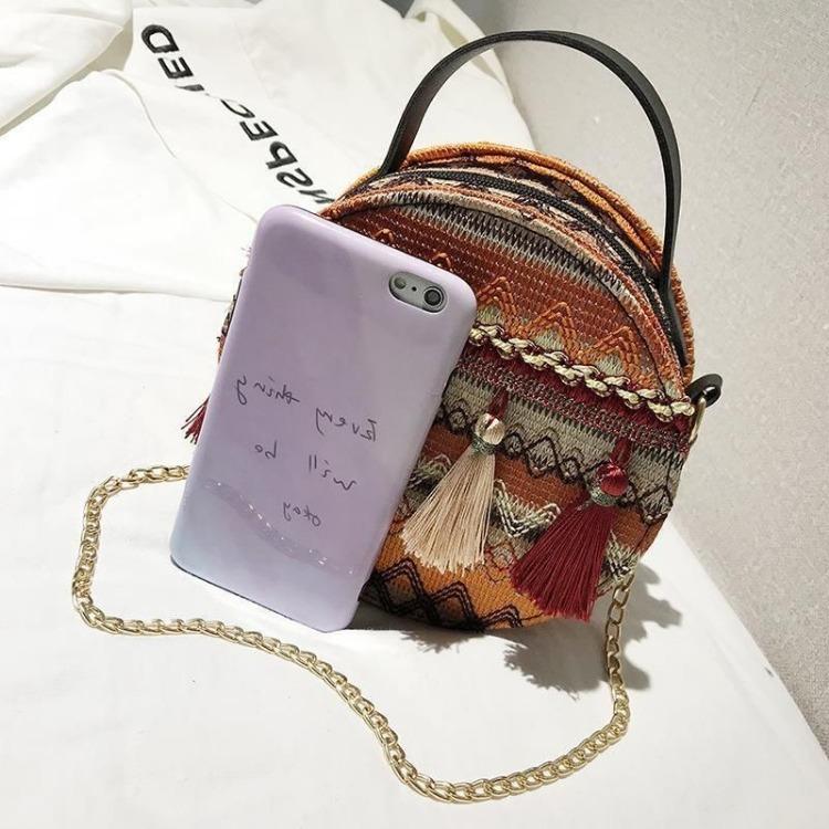 Torba na ramię w stylu etnicznym Damska Retro Ręcznie robiona pleciona torba Pasek na łańcuszku Torba na ramię Frędzle Mała okrągła torba