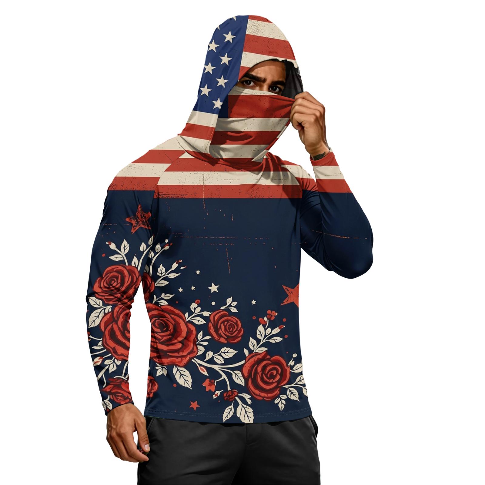 

Men s Long Sleeve Lightweight Hoodie with Drawstring Hood and Face Covering Flag Print Casual Pullover Top XXL