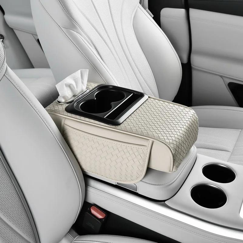 Car Armrest Cushion with Tissue Box Bottle Cup Holder And Phone Storage Pocket Auto Interior Arm Rest Pad for Truck Vehicle
